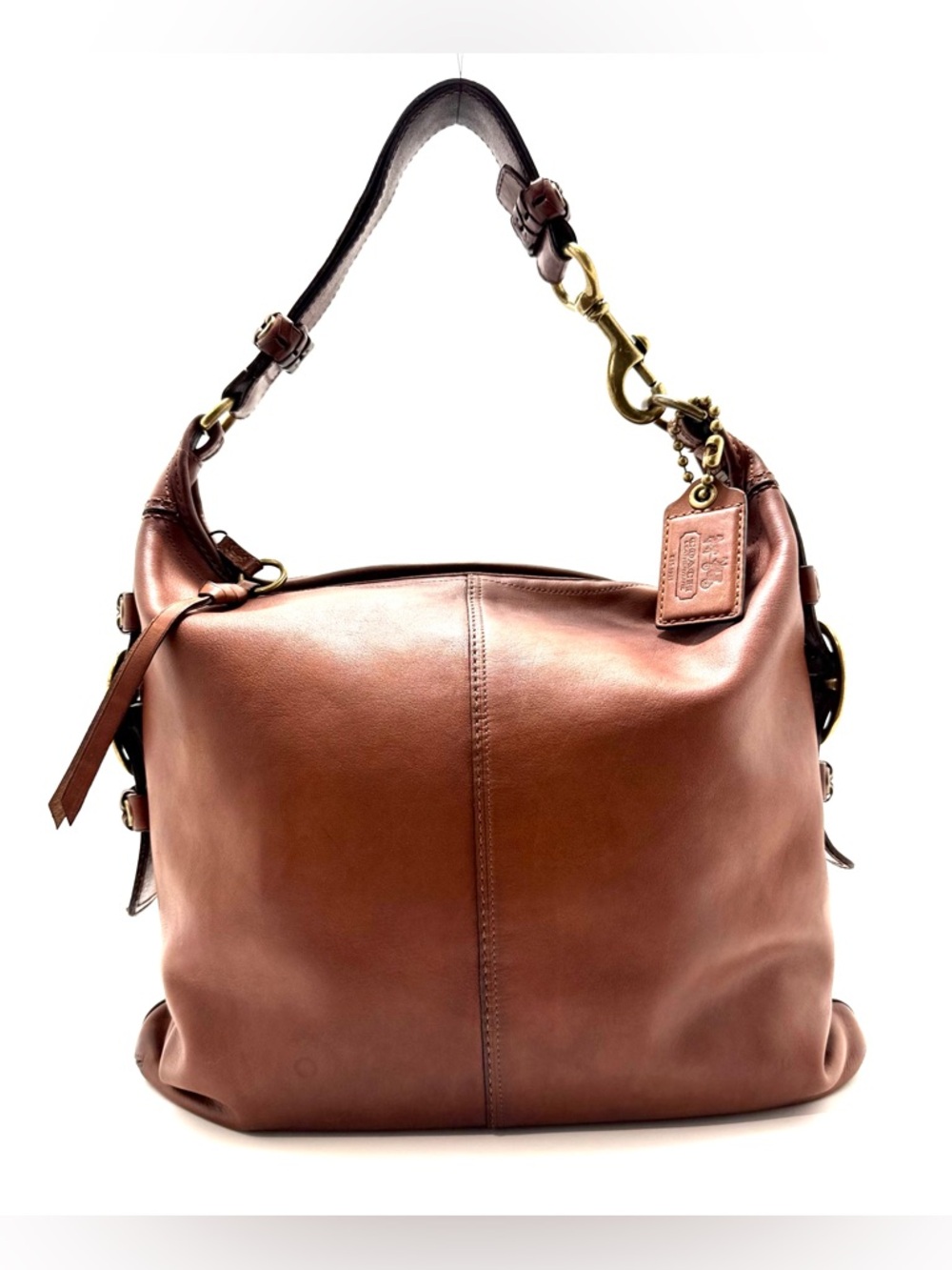 Coach Ergo Brown Leather Vintage Hobo Bag in Satin Tattersall Y2K Brass Buckle - Picture 2 of 14